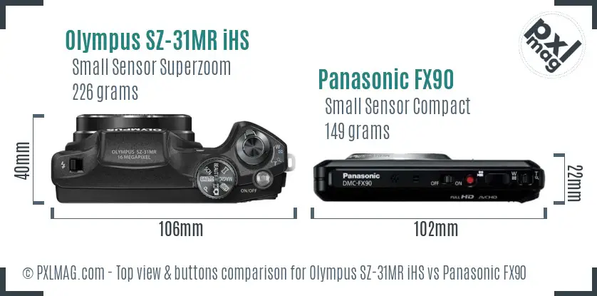 Olympus SZ-31MR iHS vs Panasonic FX90 top view buttons comparison
