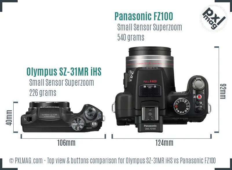 Olympus SZ-31MR iHS vs Panasonic FZ100 top view buttons comparison