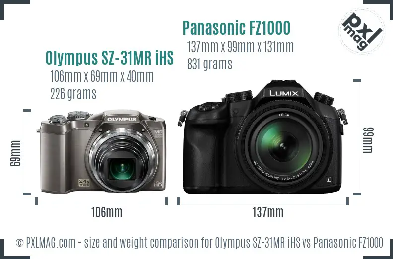 Olympus SZ-31MR iHS vs Panasonic FZ1000 size comparison