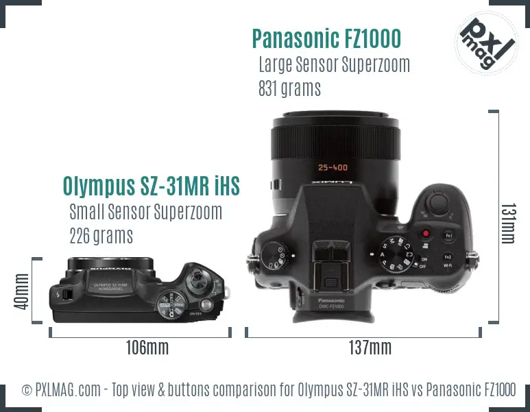 Olympus SZ-31MR iHS vs Panasonic FZ1000 top view buttons comparison