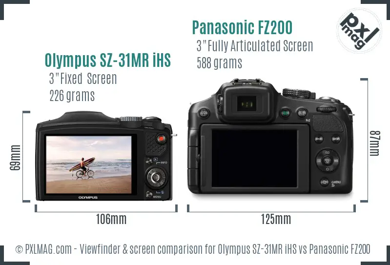 Olympus SZ-31MR iHS vs Panasonic FZ200 Screen and Viewfinder comparison