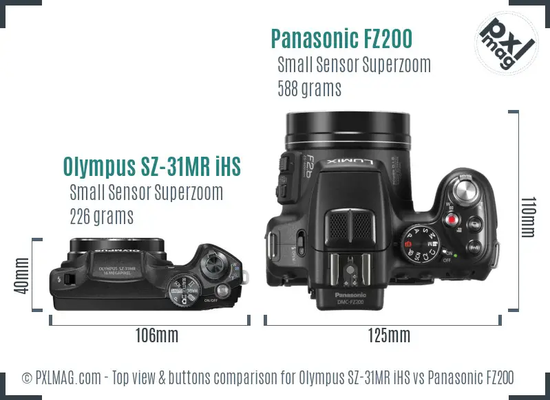Olympus SZ-31MR iHS vs Panasonic FZ200 top view buttons comparison