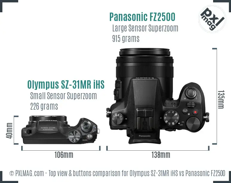 Olympus SZ-31MR iHS vs Panasonic FZ2500 top view buttons comparison Olympus SZ-31MR iHS vs Panasonic FZ2500 top view buttons comparison