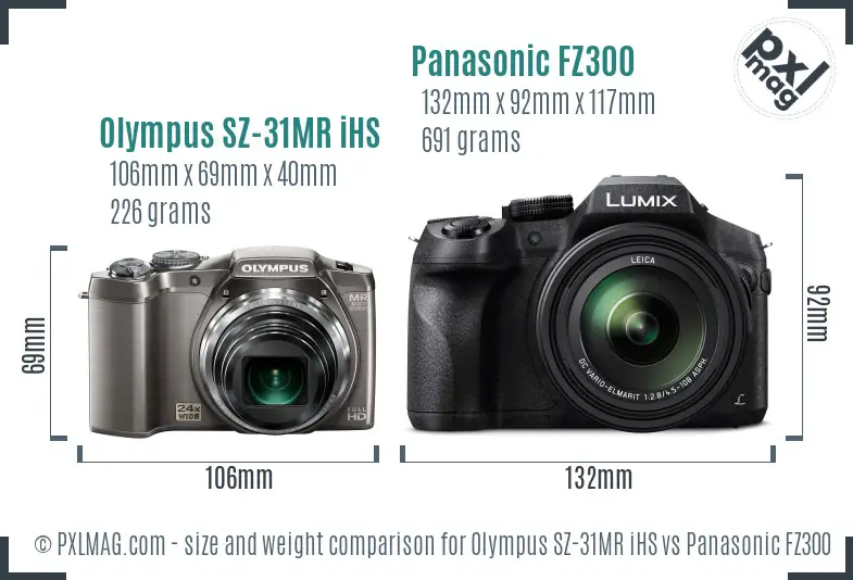 Olympus SZ-31MR iHS vs Panasonic FZ300 size comparison