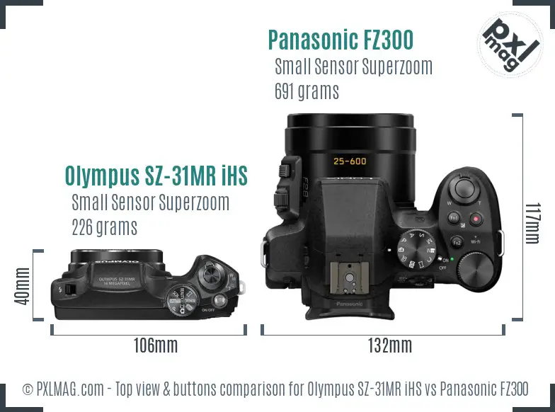 Olympus SZ-31MR iHS vs Panasonic FZ300 top view buttons comparison