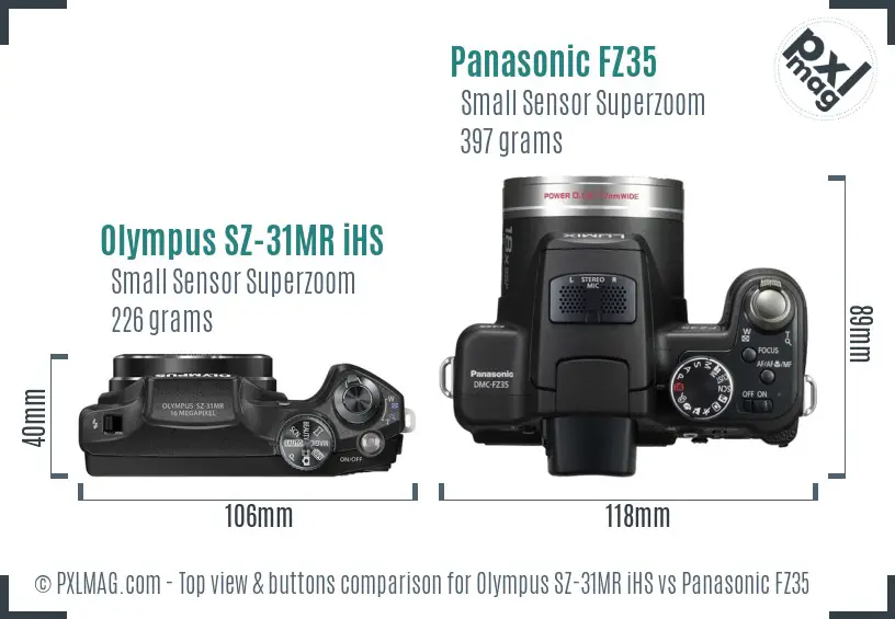 Olympus SZ-31MR iHS vs Panasonic FZ35 top view buttons comparison