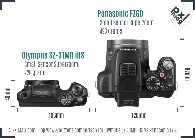 Olympus SZ-31MR iHS vs Panasonic FZ60 top view buttons comparison