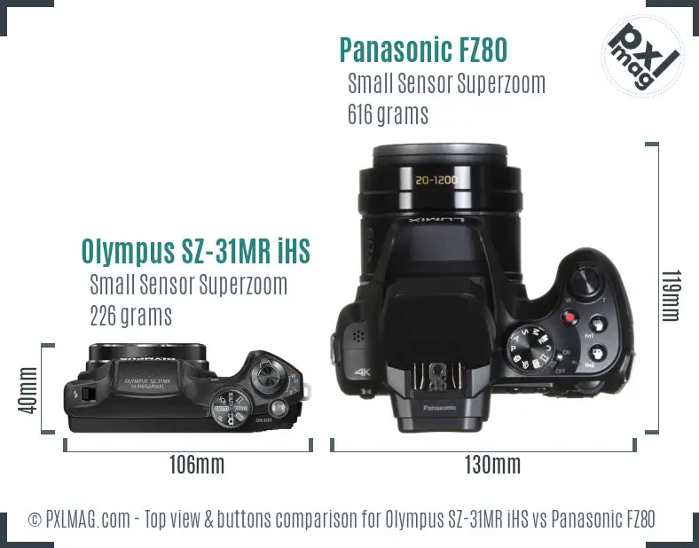 Olympus SZ-31MR iHS vs Panasonic FZ80 top view buttons comparison