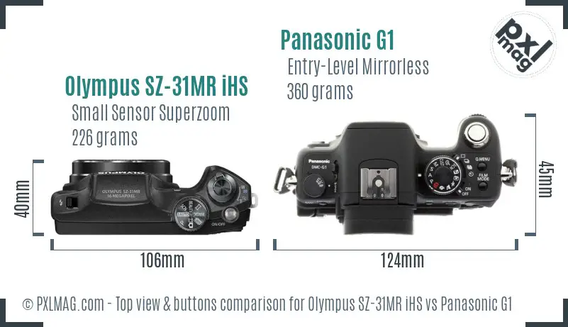Olympus SZ-31MR iHS vs Panasonic G1 top view buttons comparison Olympus SZ-31MR iHS vs Panasonic G1 top view buttons comparison