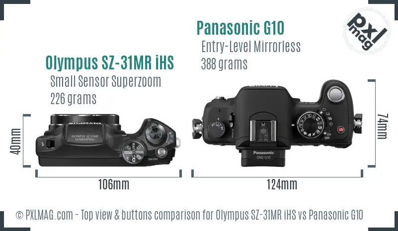 Olympus SZ-31MR iHS vs Panasonic G10 top view buttons comparison Olympus SZ-31MR iHS vs Panasonic G10 top view buttons comparison