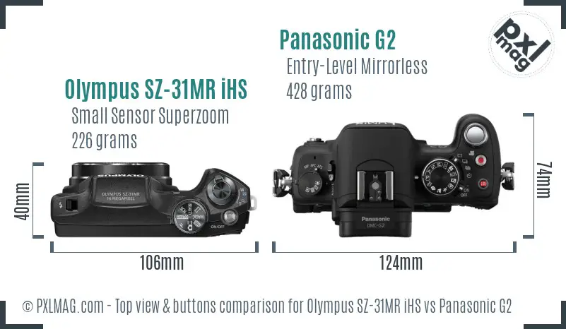Olympus SZ-31MR iHS vs Panasonic G2 top view buttons comparison