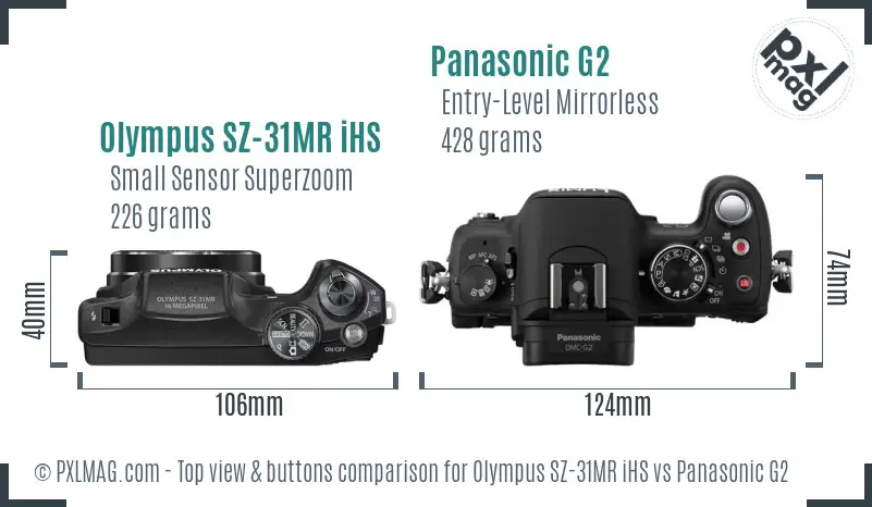 Olympus SZ-31MR iHS vs Panasonic G2 top view buttons comparison Olympus SZ-31MR iHS vs Panasonic G2 top view buttons comparison