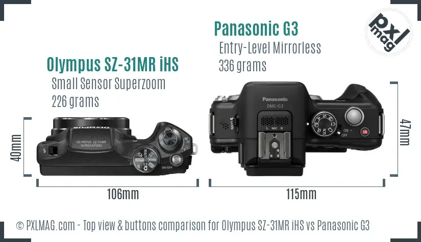 Olympus SZ-31MR iHS vs Panasonic G3 top view buttons comparison