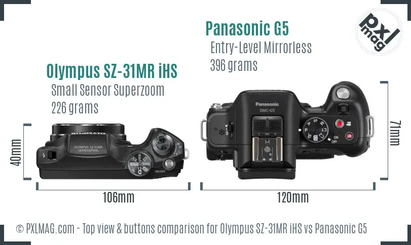 Olympus SZ-31MR iHS vs Panasonic G5 top view buttons comparison