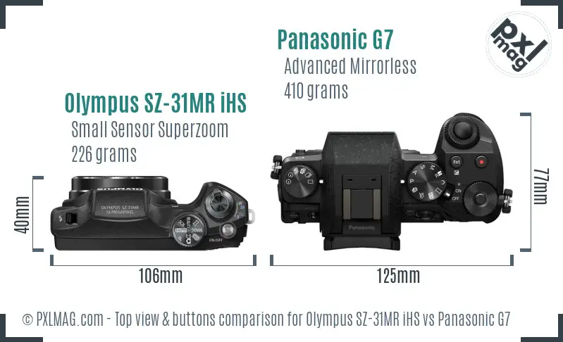 Olympus SZ-31MR iHS vs Panasonic G7 top view buttons comparison