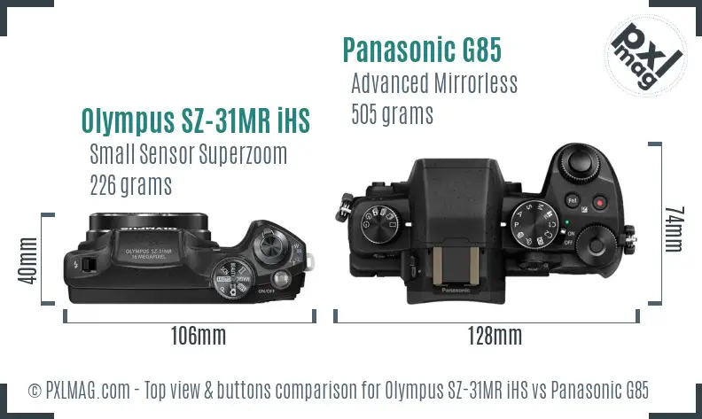 Olympus SZ-31MR iHS vs Panasonic G85 top view buttons comparison