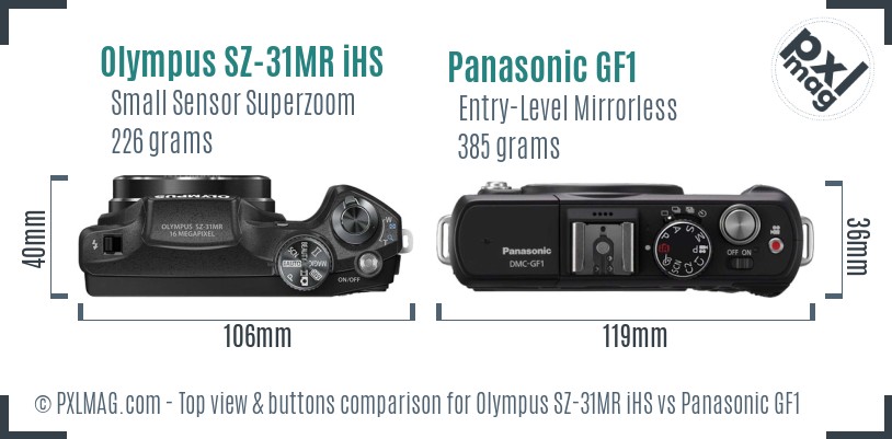 Olympus SZ-31MR iHS vs Panasonic GF1 top view buttons comparison