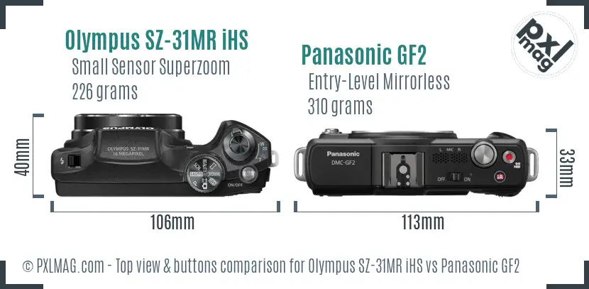 Olympus SZ-31MR iHS vs Panasonic GF2 top view buttons comparison