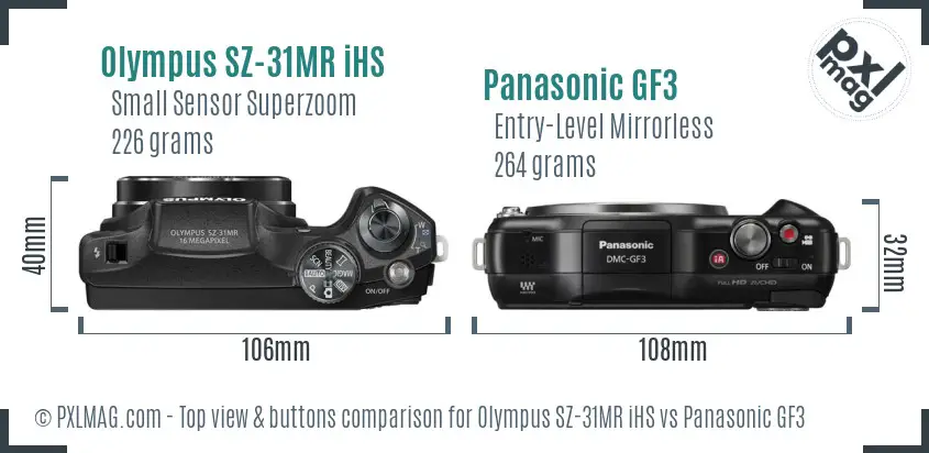 Olympus SZ-31MR iHS vs Panasonic GF3 top view buttons comparison