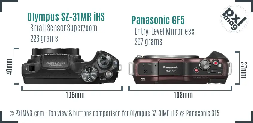 Olympus SZ-31MR iHS vs Panasonic GF5 top view buttons comparison