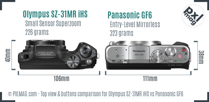 Olympus SZ-31MR iHS vs Panasonic GF6 top view buttons comparison