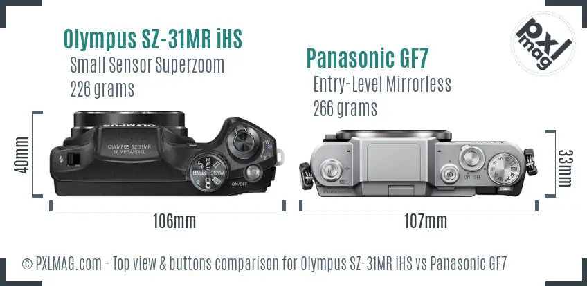 Olympus SZ-31MR iHS vs Panasonic GF7 top view buttons comparison