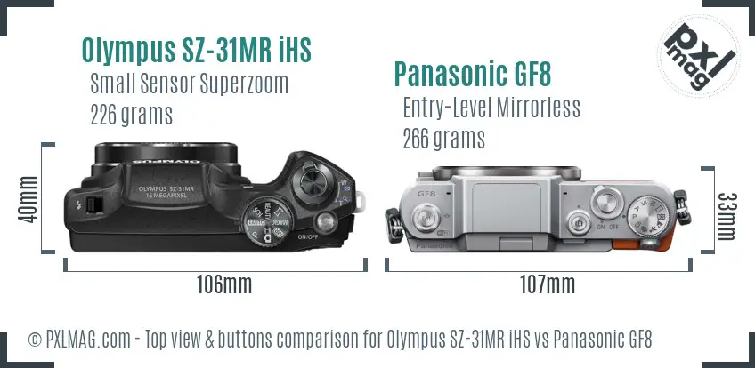 Olympus SZ-31MR iHS vs Panasonic GF8 top view buttons comparison