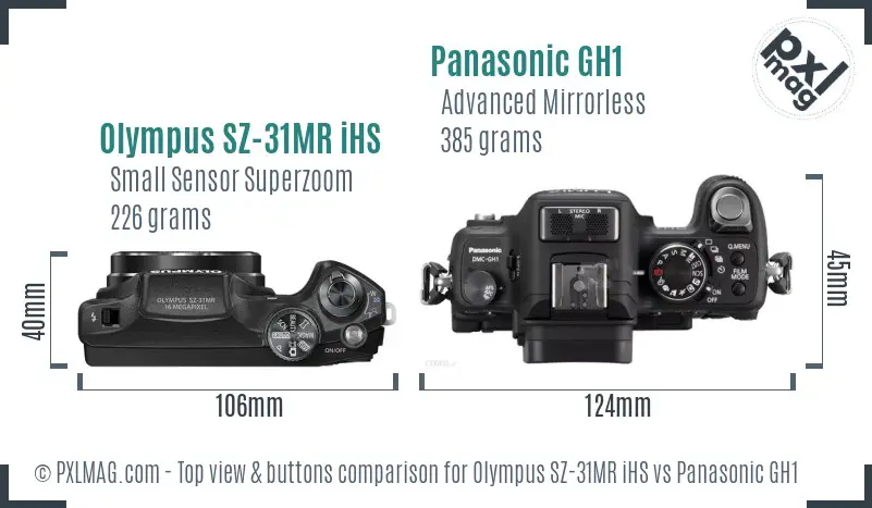 Olympus SZ-31MR iHS vs Panasonic GH1 top view buttons comparison