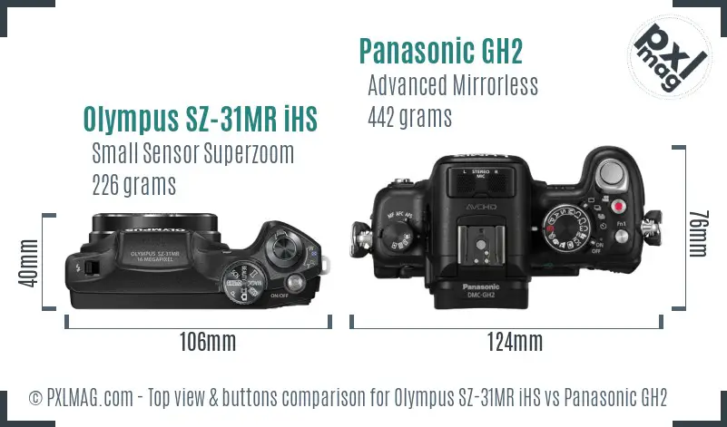 Olympus SZ-31MR iHS vs Panasonic GH2 top view buttons comparison