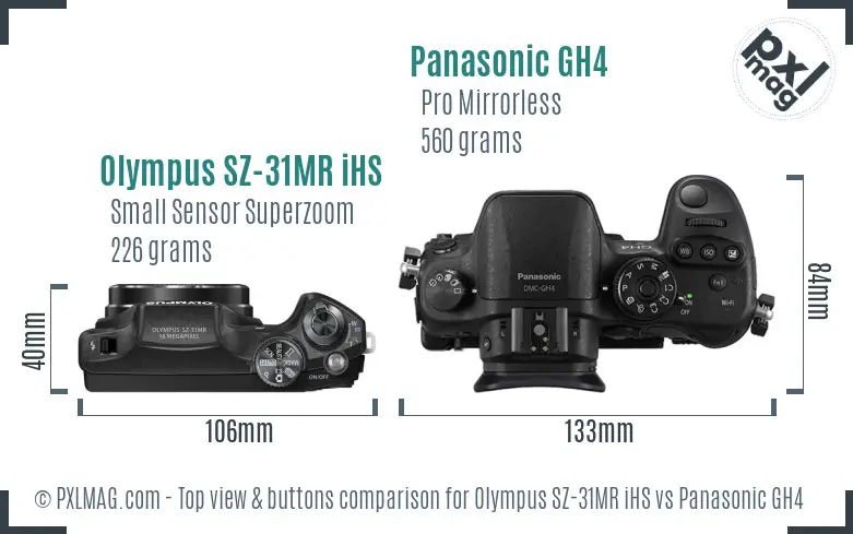 Olympus SZ-31MR iHS vs Panasonic GH4 top view buttons comparison Olympus SZ-31MR iHS vs Panasonic GH4 top view buttons comparison
