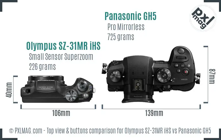 Olympus SZ-31MR iHS vs Panasonic GH5 top view buttons comparison