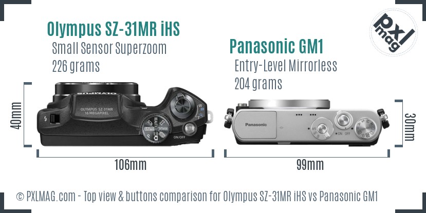 Olympus SZ-31MR iHS vs Panasonic GM1 top view buttons comparison