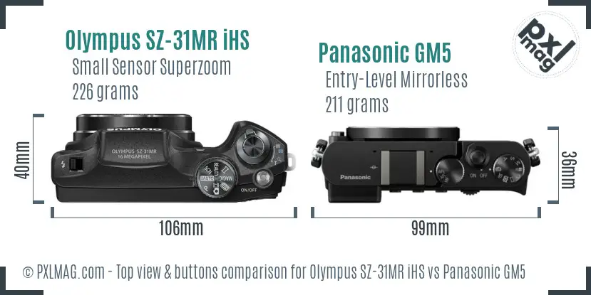 Olympus SZ-31MR iHS vs Panasonic GM5 top view buttons comparison