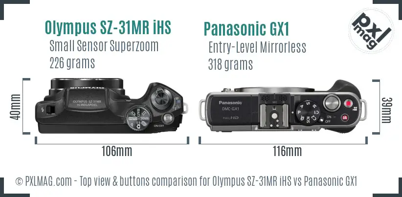 Olympus SZ-31MR iHS vs Panasonic GX1 top view buttons comparison