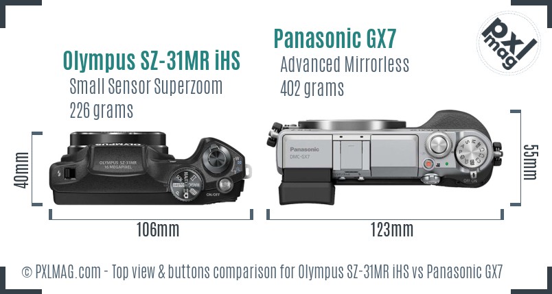 Olympus SZ-31MR iHS vs Panasonic GX7 top view buttons comparison