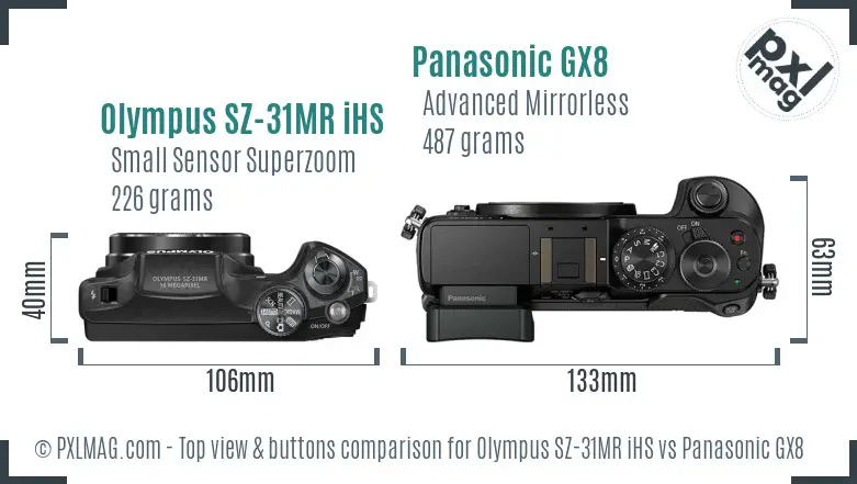Olympus SZ-31MR iHS vs Panasonic GX8 top view buttons comparison