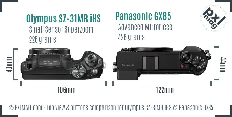 Olympus SZ-31MR iHS vs Panasonic GX85 top view buttons comparison