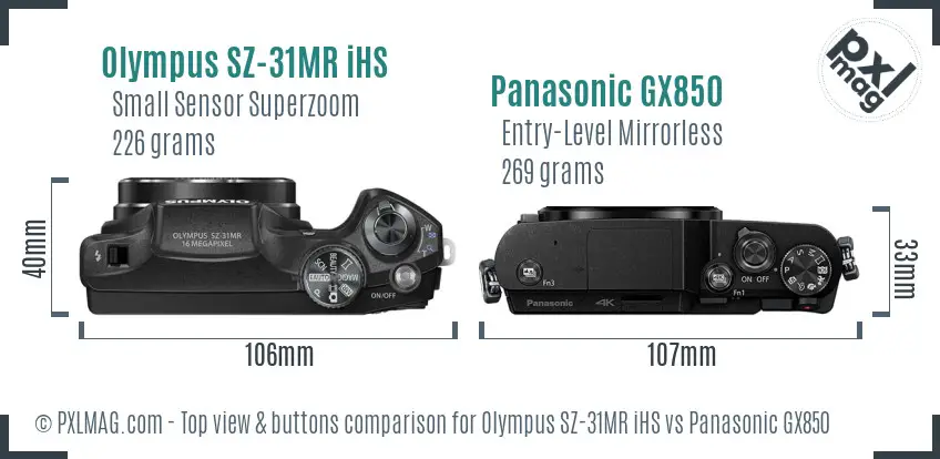 Olympus SZ-31MR iHS vs Panasonic GX850 top view buttons comparison