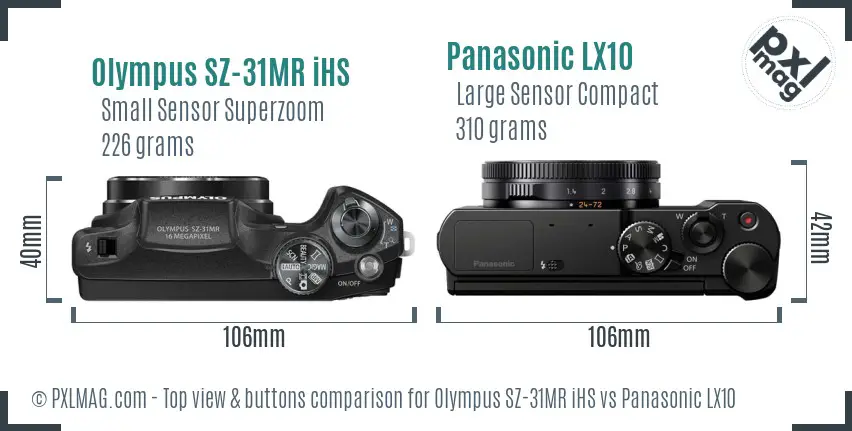 Olympus SZ-31MR iHS vs Panasonic LX10 top view buttons comparison