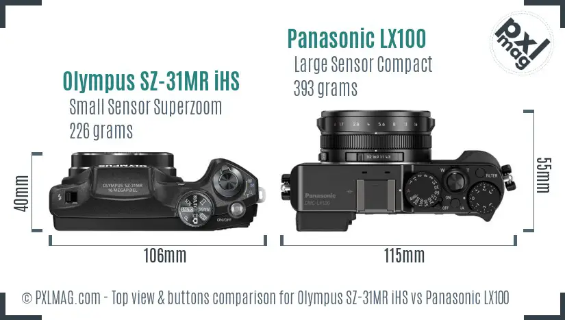 Olympus SZ-31MR iHS vs Panasonic LX100 top view buttons comparison