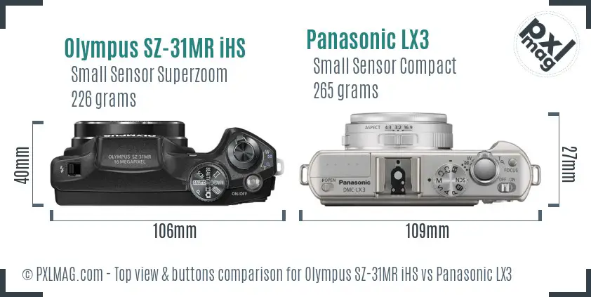 Olympus SZ-31MR iHS vs Panasonic LX3 top view buttons comparison
