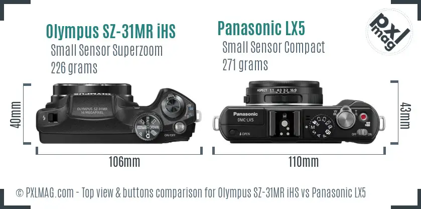 Olympus SZ-31MR iHS vs Panasonic LX5 top view buttons comparison