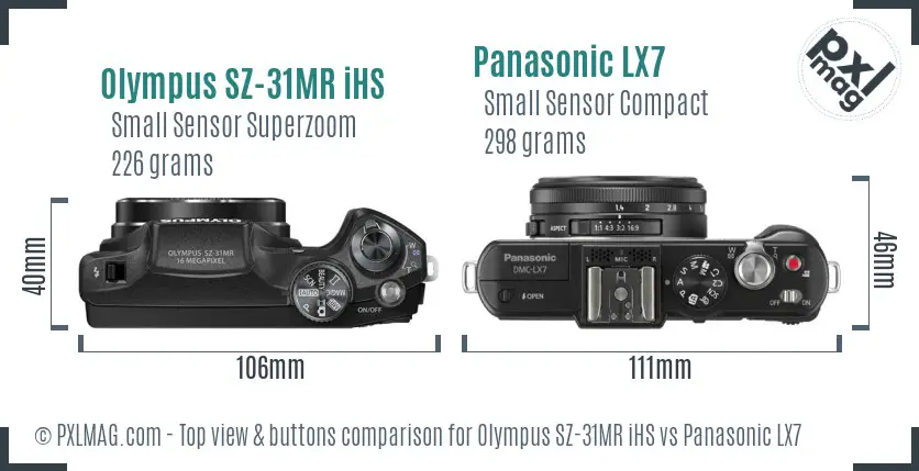 Olympus SZ-31MR iHS vs Panasonic LX7 top view buttons comparison