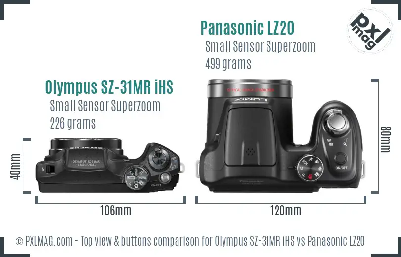 Olympus SZ-31MR iHS vs Panasonic LZ20 top view buttons comparison