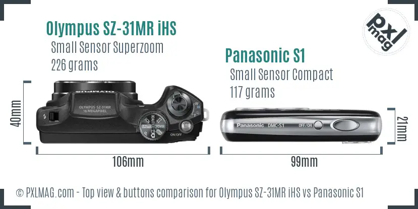 Olympus SZ-31MR iHS vs Panasonic S1 top view buttons comparison Olympus SZ-31MR iHS vs Panasonic S1 top view buttons comparison