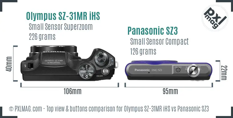 Olympus SZ-31MR iHS vs Panasonic SZ3 top view buttons comparison