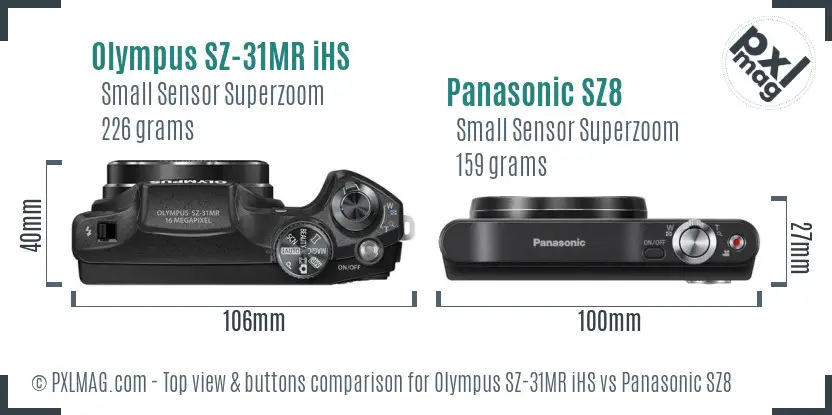 Olympus SZ-31MR iHS vs Panasonic SZ8 top view buttons comparison