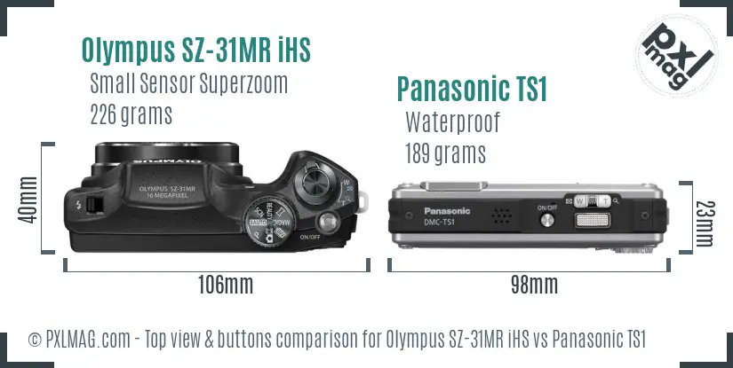 Olympus SZ-31MR iHS vs Panasonic TS1 top view buttons comparison