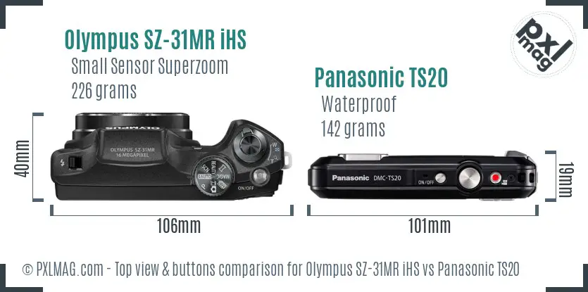 Olympus SZ-31MR iHS vs Panasonic TS20 top view buttons comparison