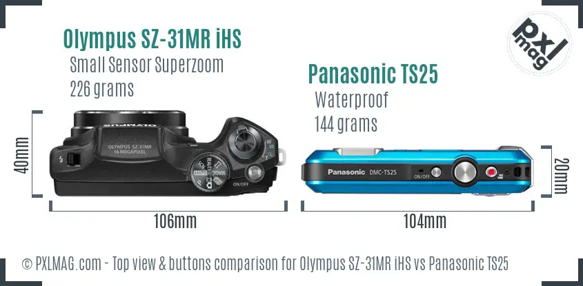 Olympus SZ-31MR iHS vs Panasonic TS25 top view buttons comparison